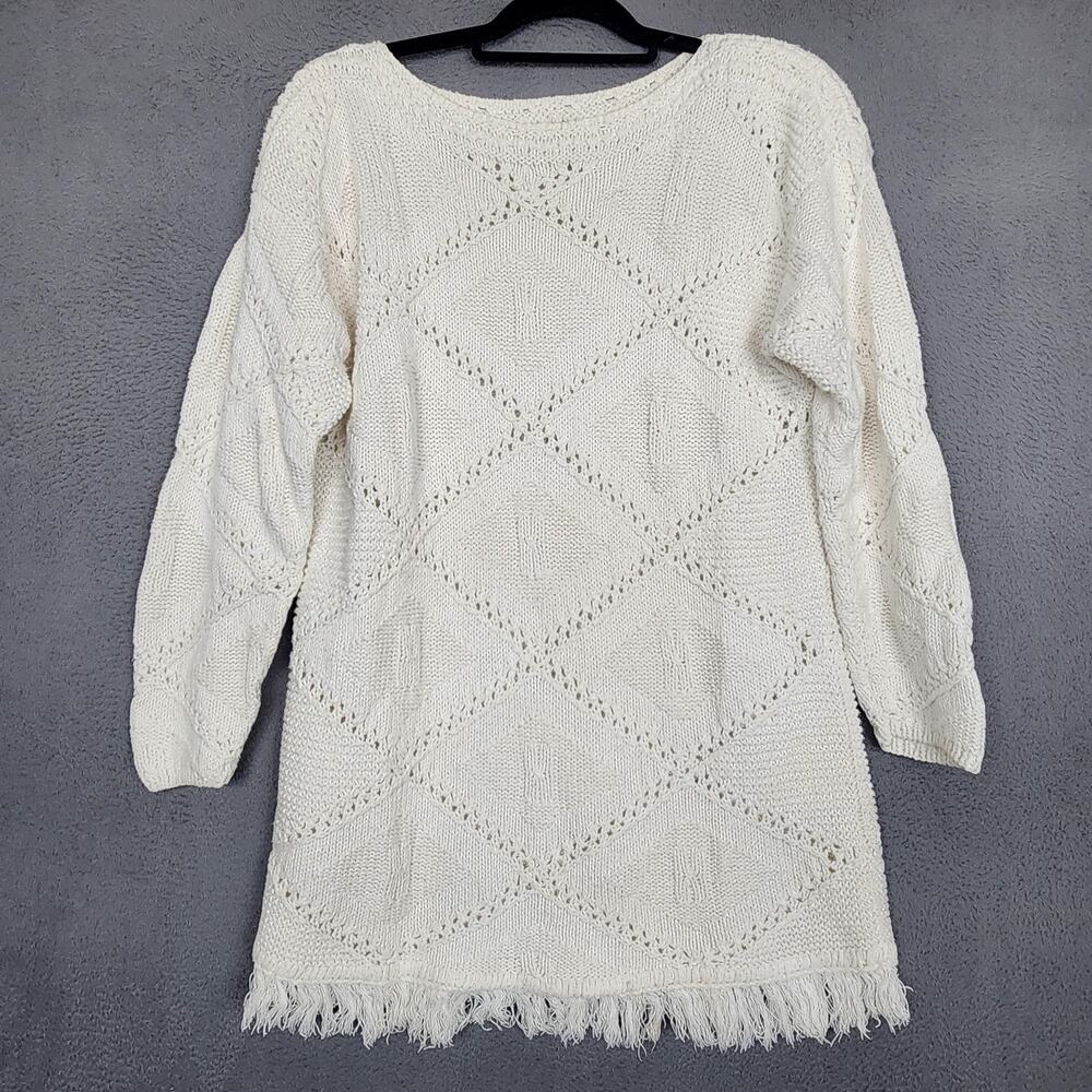 Vintage YarnWorks Sweater Tunic Womens Medium White Argyle Fringe Shoulder Pads